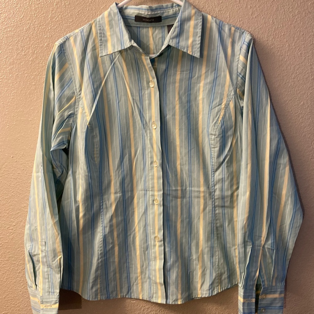 Liz Claiborne womens long sleeve Blue and Yellow stripped bottom up size 10
